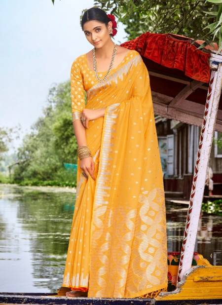 Yellow Colour Rajyog Kashmir Exclusive Fancy Heavy Soft Cotton silk Festive Wear Latest Designer Saree Collection 1005